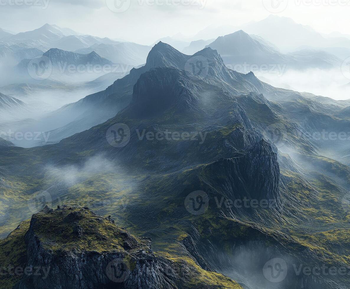 Mystical fog enveloping mountains in a serene natural landscape photo