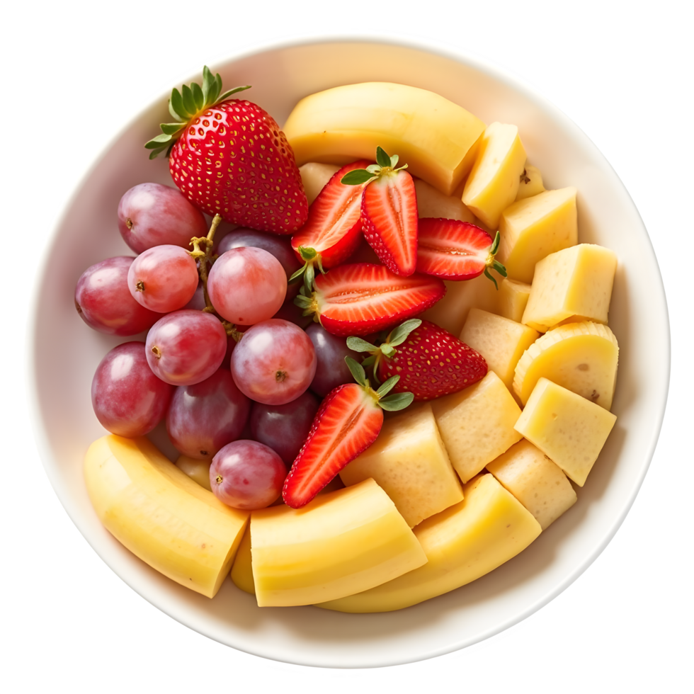 a bowl is filled with an enticing selection of fruits, including banana, strawberry, nectarine, and grape. png