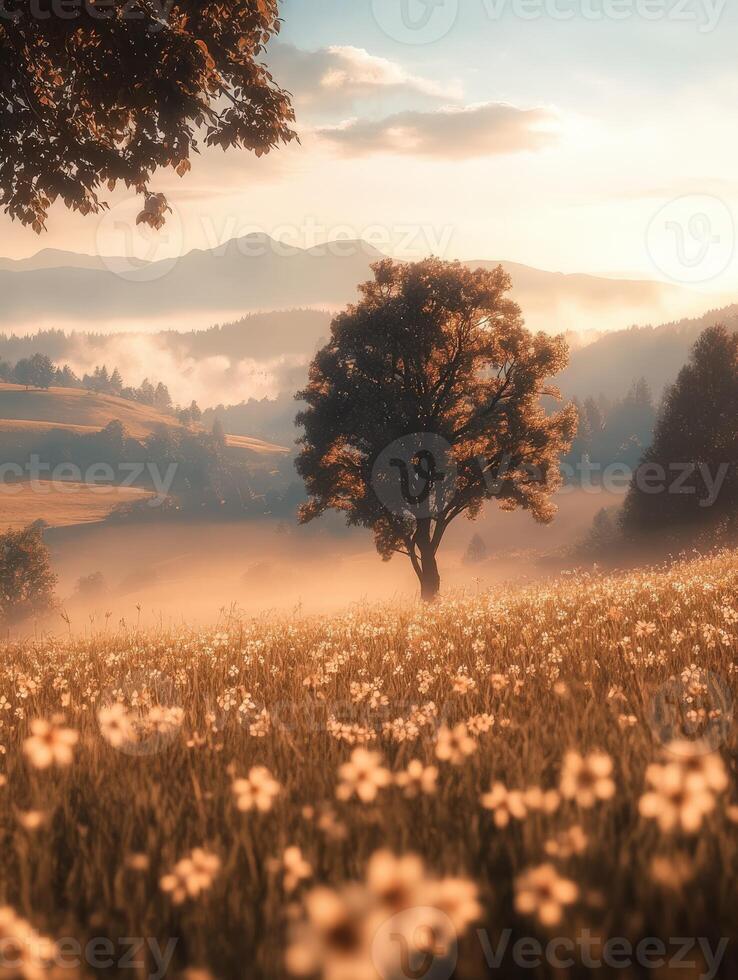 Serene morning fog over a flowering field in tranquil nature photo