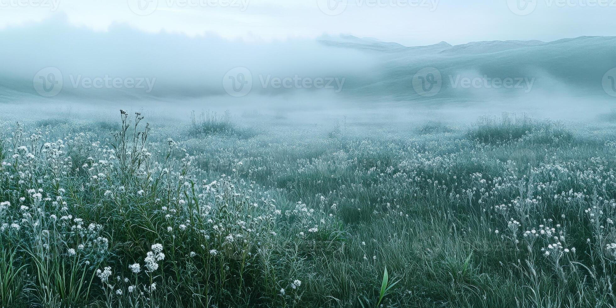 Fog blankets a tranquil field of flowers in lush nature photo