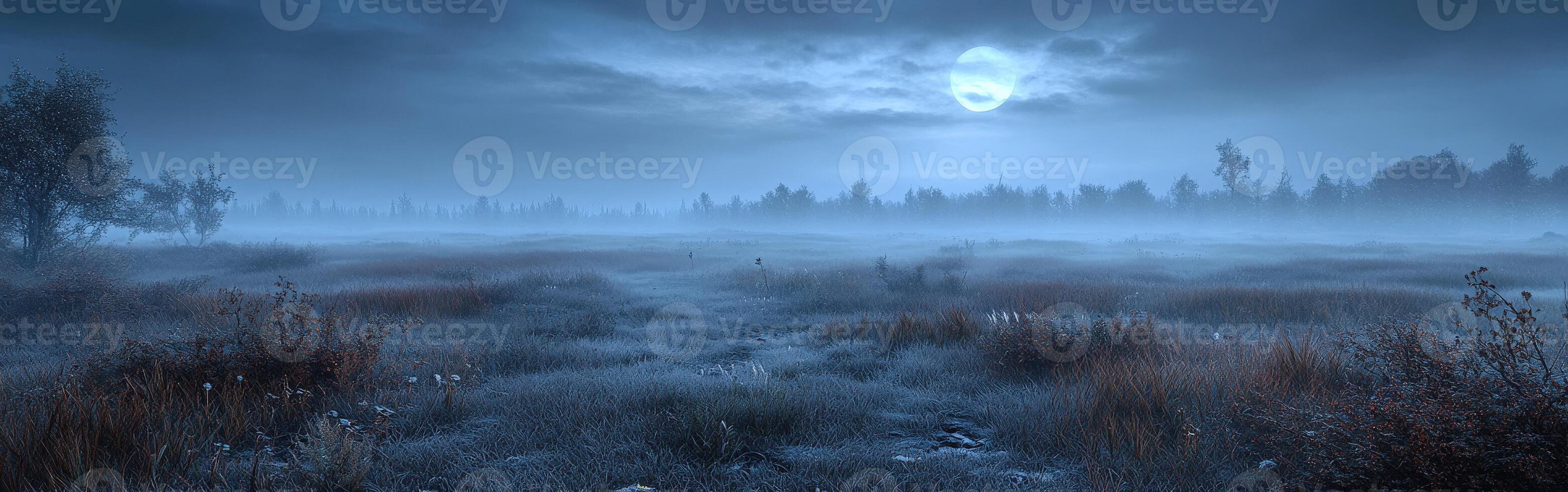 Misty twilight in a tranquil landscape under a glowing moon photo