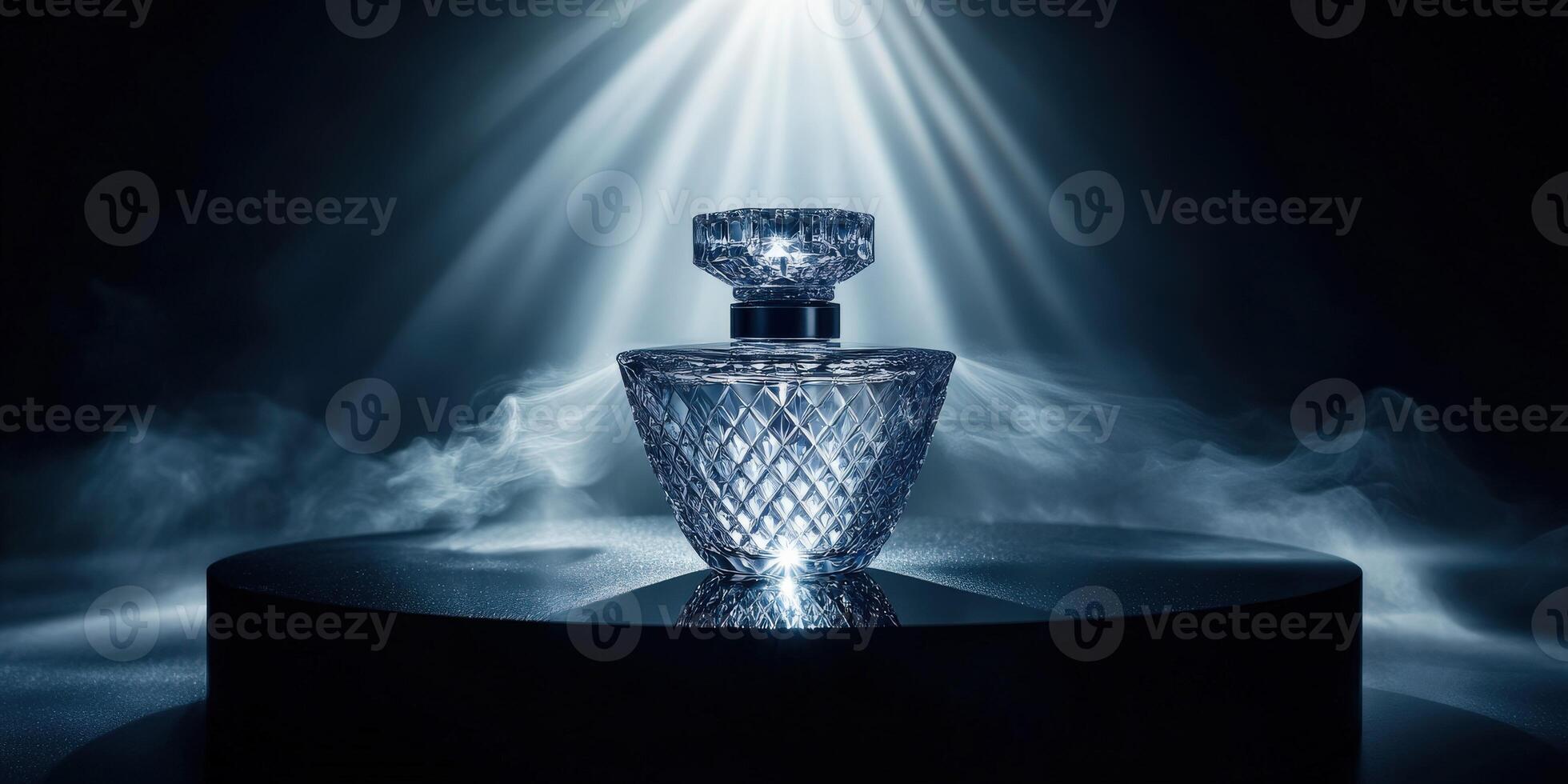 A bottle of perfume sitting on a pedestal with smoke coming from it photo