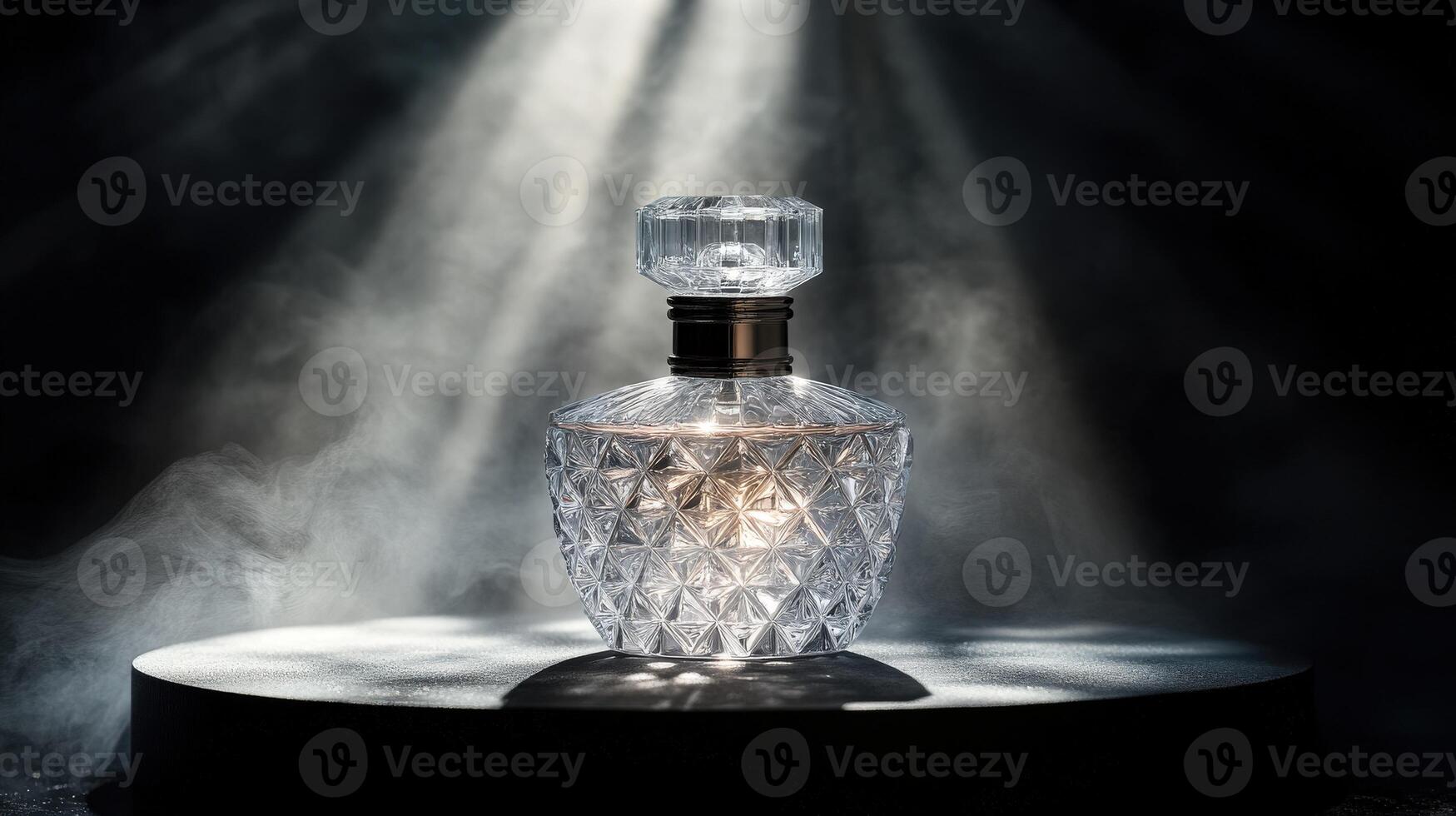 A glass perfume bottle with smoke coming out of it photo