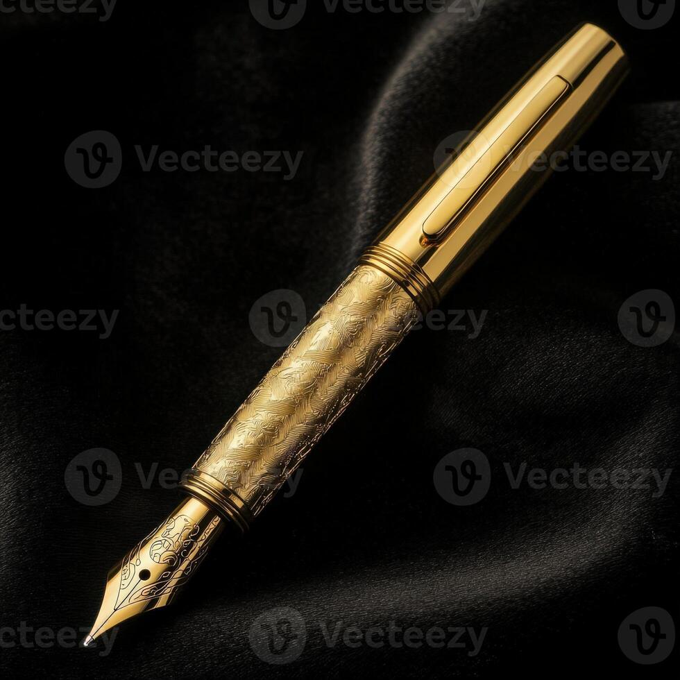 Elegant gold fountain pen resting on dark fabric photo