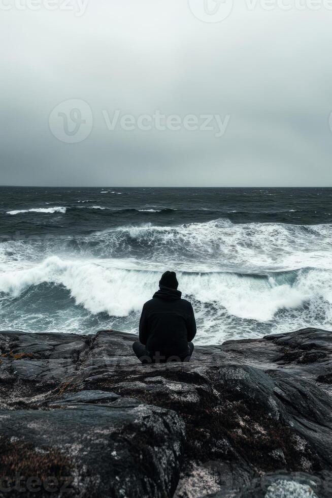 A person sitting on a rock overlooking the ocean photo