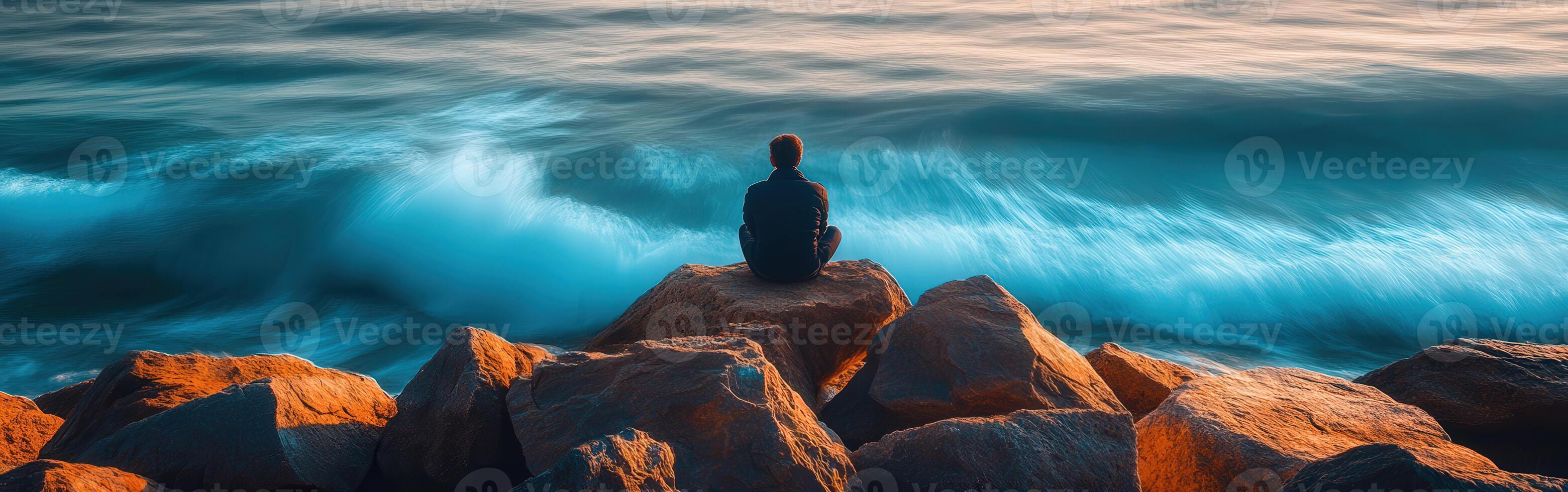 Sitting on rocks by the ocean at sunset contemplating the waves photo