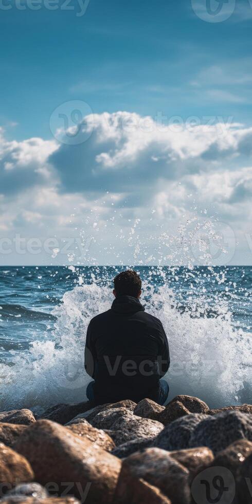 Man sits on rocks by the ocean enjoying the waves in daylight photo