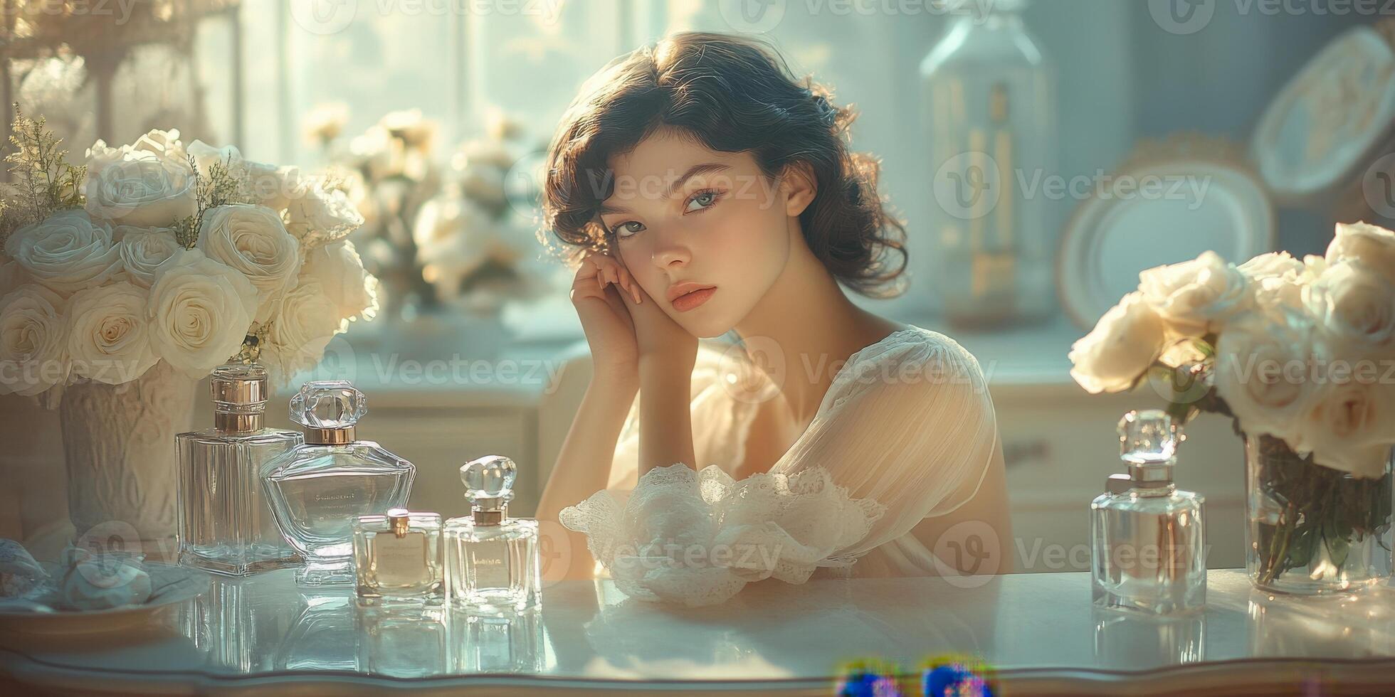 Young woman surrounded by flowers and perfume bottles in soft light photo