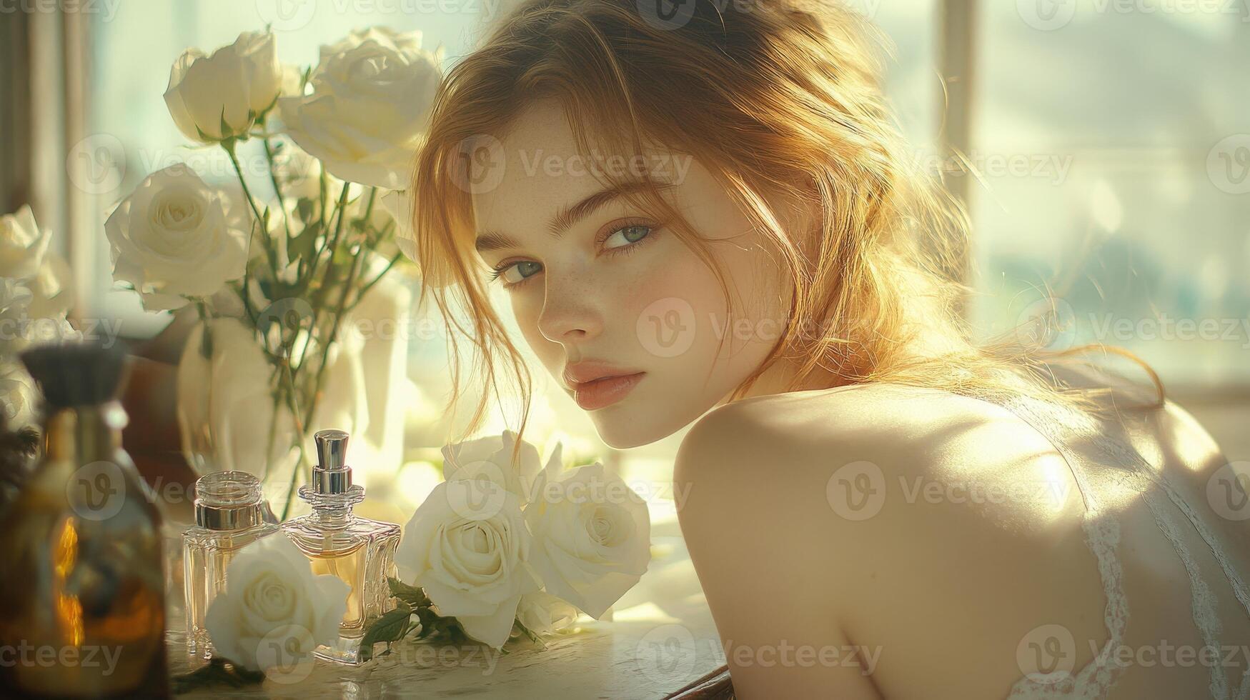 Woman posing gracefully with roses and perfume bottles indoors photo