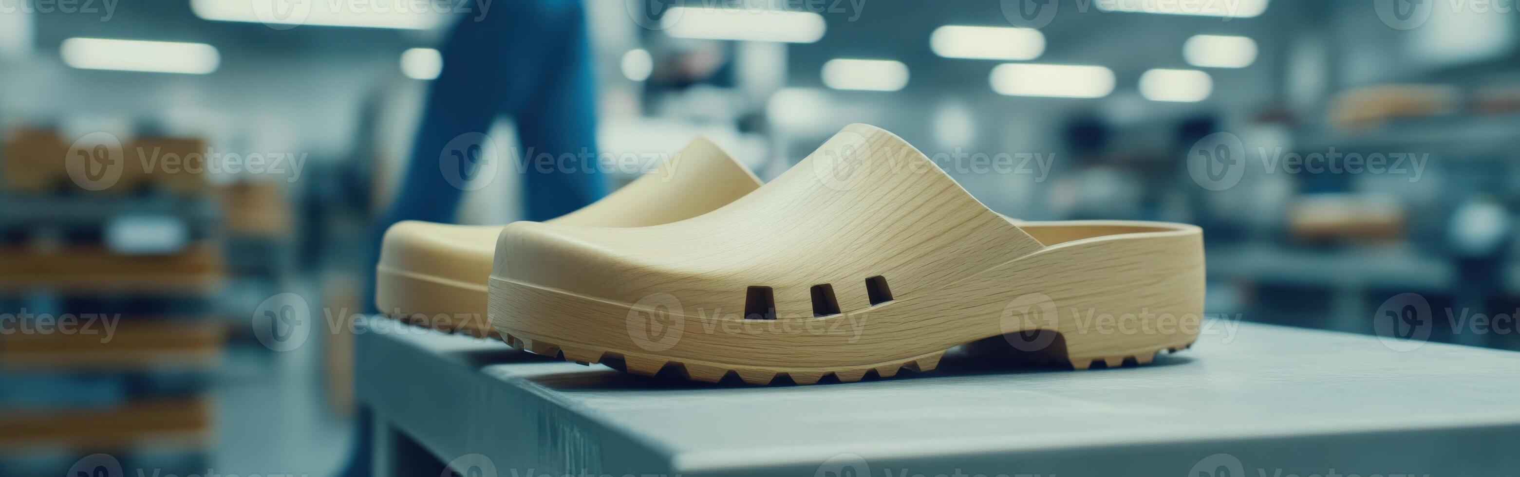 Clogs displayed on a worktable in a modern footwear workshop photo