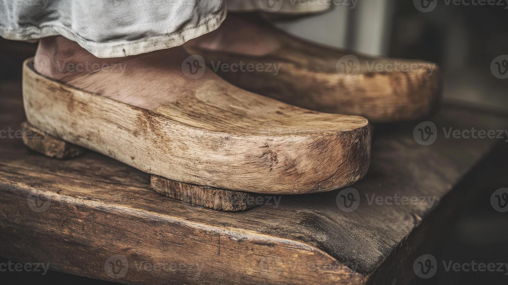 Clogs made from natural wood resting on a rustic surface photo
