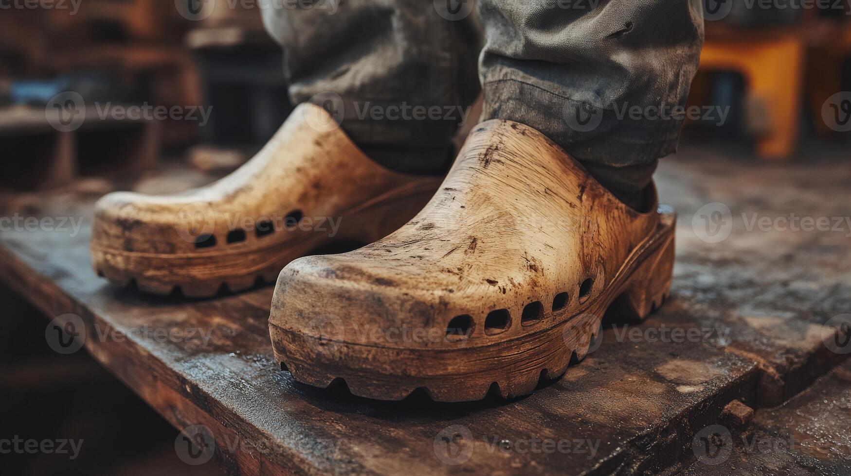 Wearing sturdy clogs while working in a cluttered workshop photo