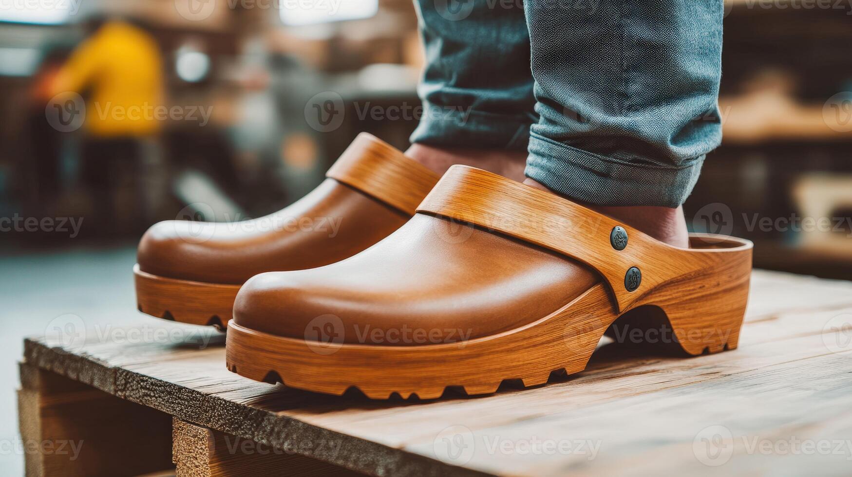 Clogs displayed on wooden platform in a workshop setting photo