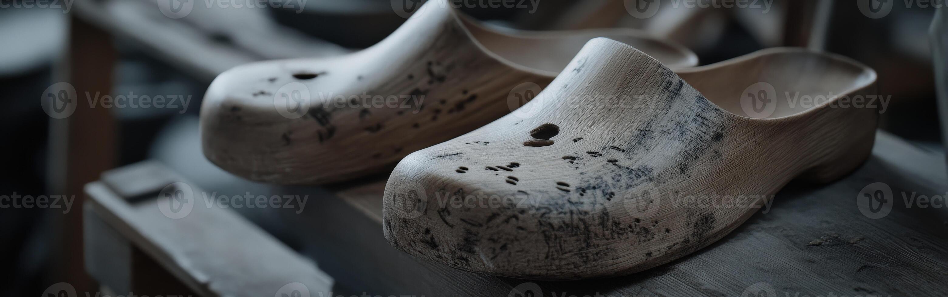 Traditional wooden clogs displayed on a workbench in a craft studio photo