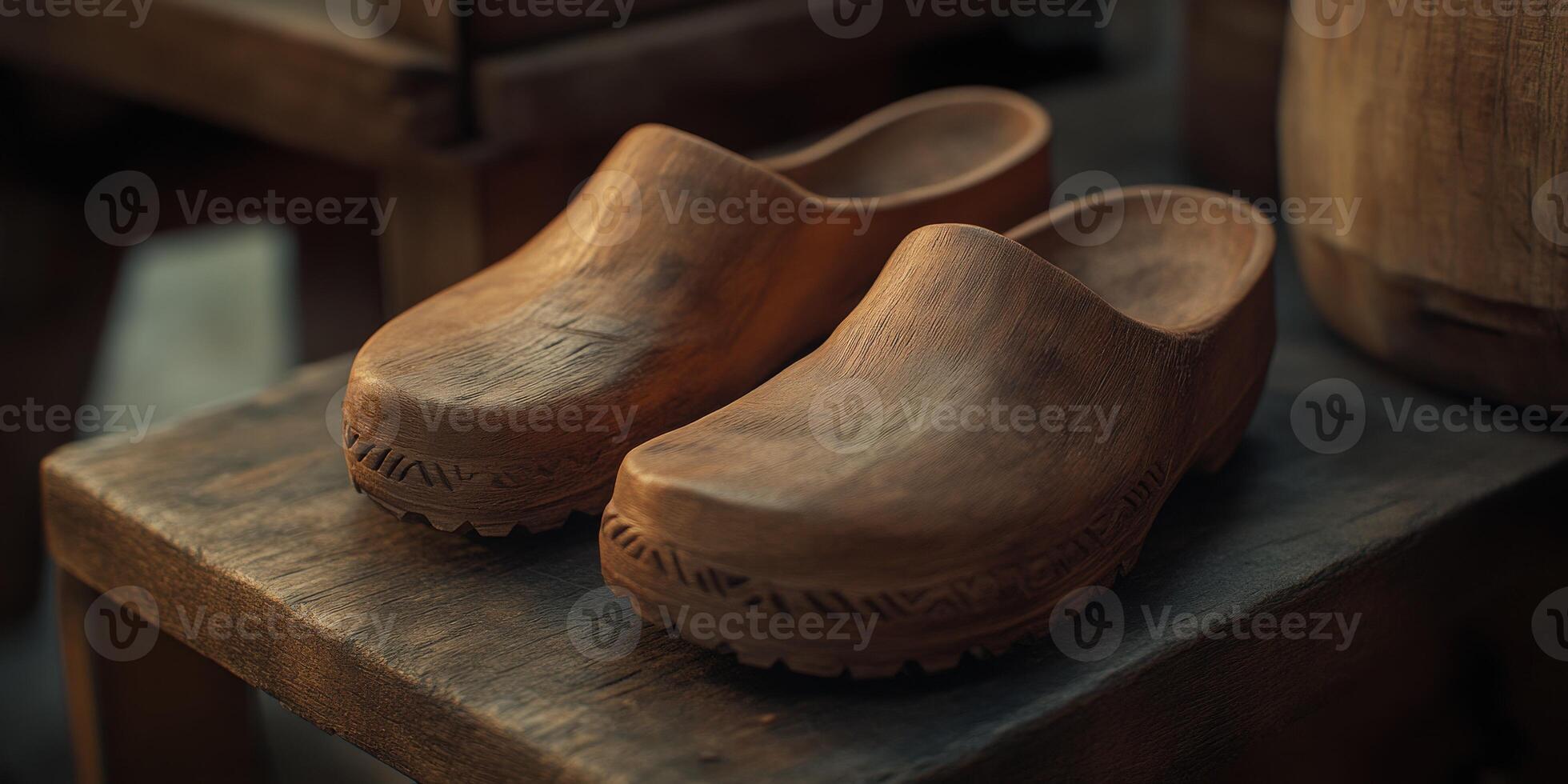 Wooden clogs displayed on rustic wooden shelf in a workshop photo