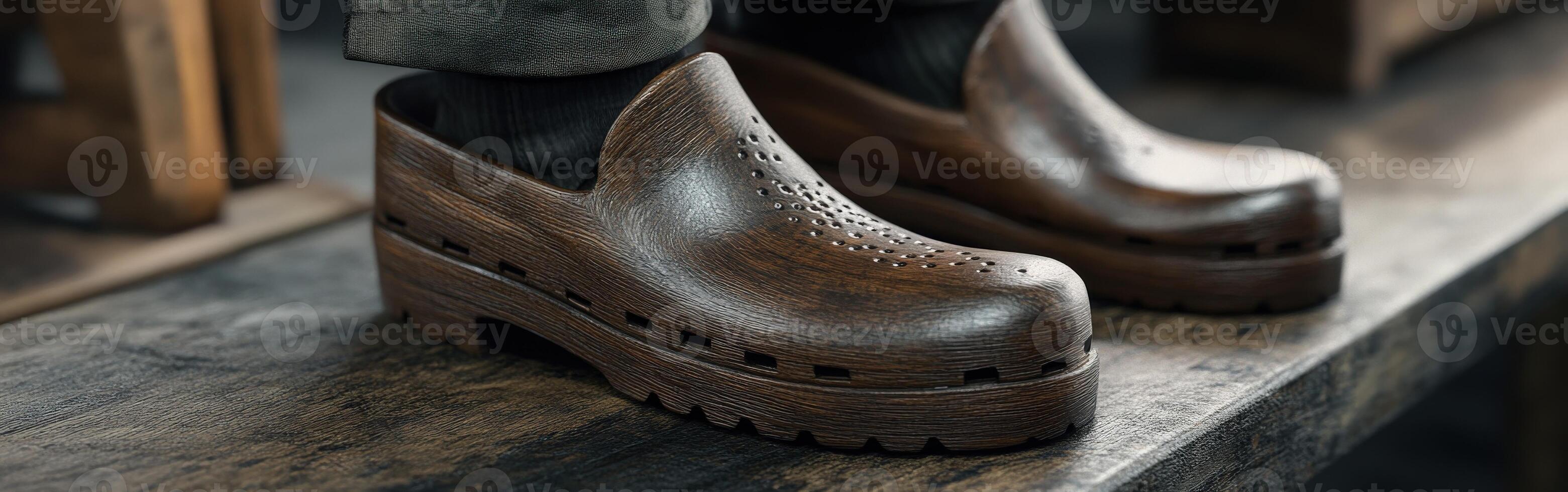 Clogs displayed on a wooden surface in a cozy, rustic setting photo