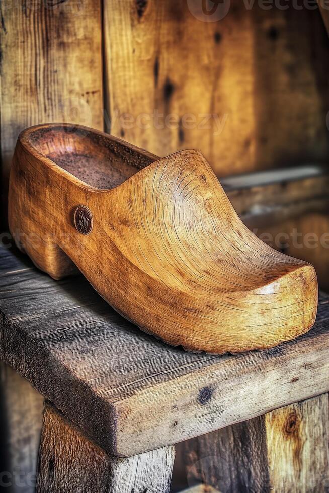 Handcrafted wooden clog displayed on rustic wooden shelf photo