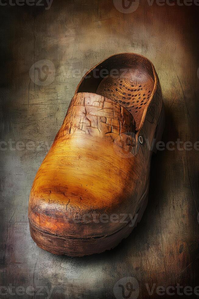 Handcrafted wooden clog showcasing unique design and texture photo