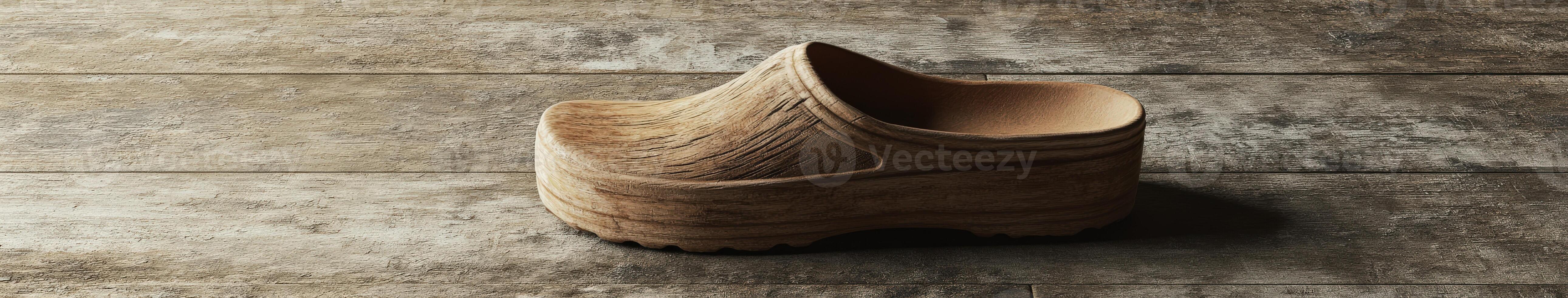 Clogs designed with a wooden texture placed on a rustic wooden floor photo