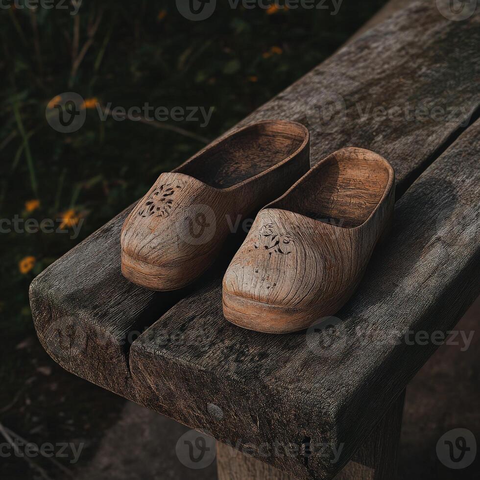 Wooden clogs resting on a rustic wooden bench in nature photo