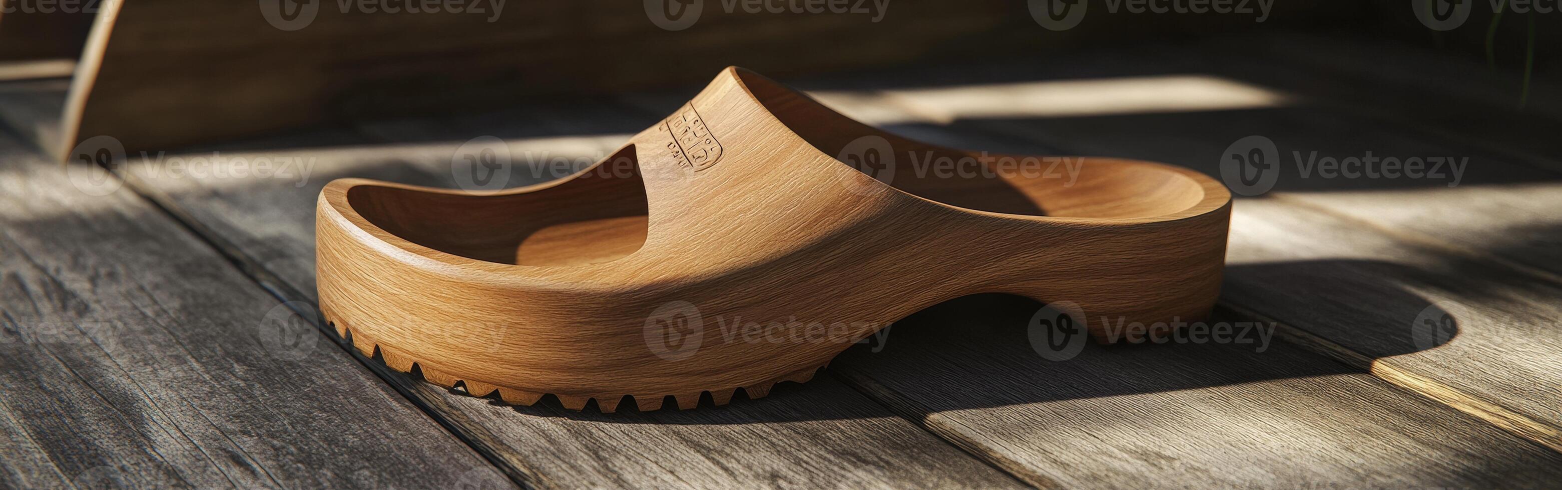 Unique wooden clogs resting on a wooden surface in soft light photo