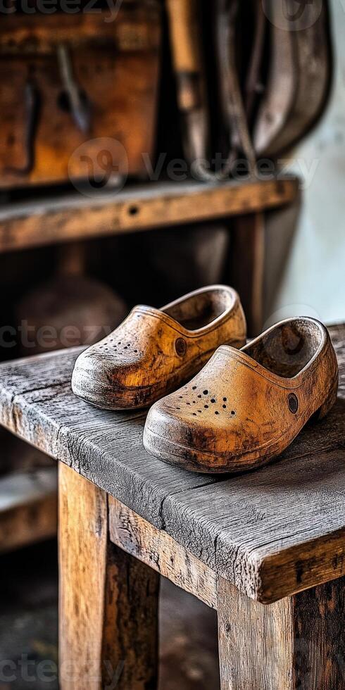 Clogs made from wood placed on a rustic wooden table photo