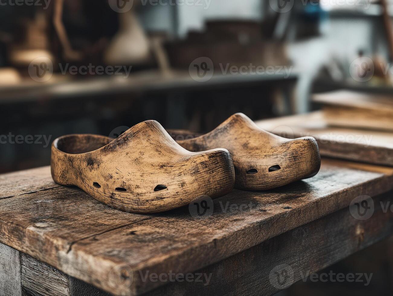 Handcrafted wooden clogs placed on a rustic workbench in a workshop photo