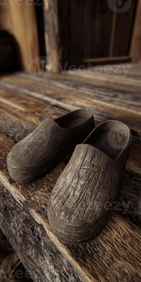 Clogs made from weathered wood on rustic wooden surface photo