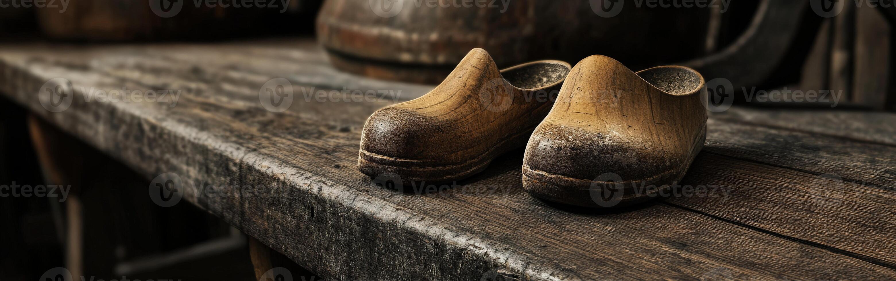 Wooden clogs resting on a rustic table in a workshop photo