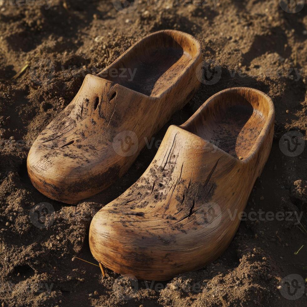 Wooden clogs resting on rich brown soil in a farm setting photo