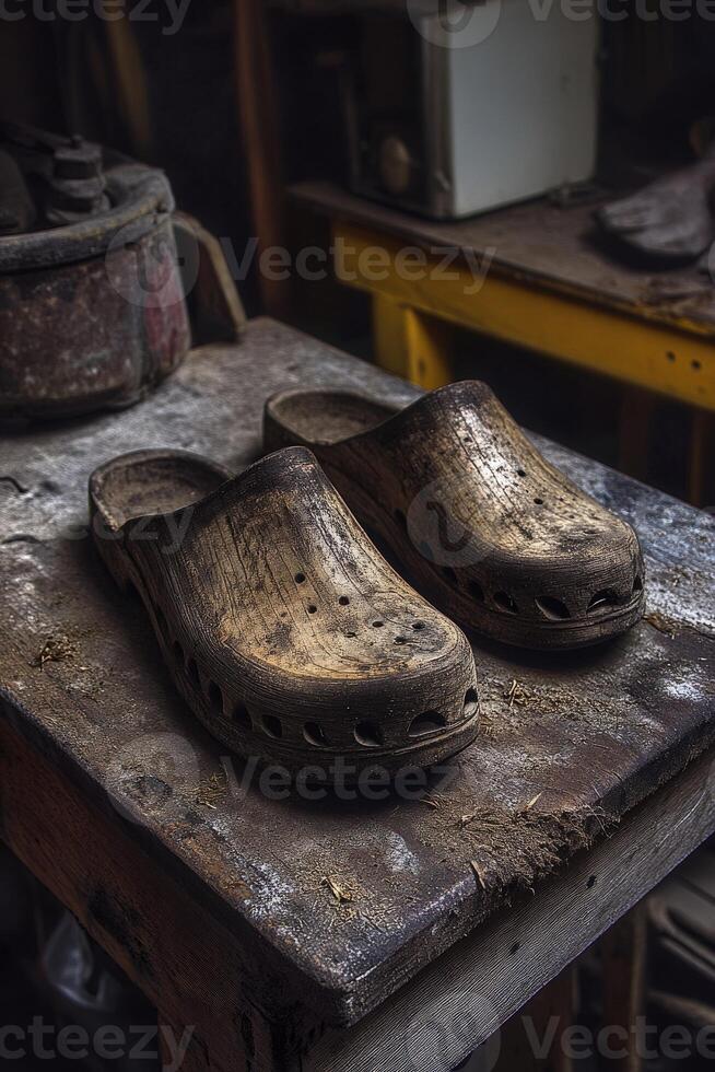 Handmade wooden clogs resting on a workbench in a workshop photo