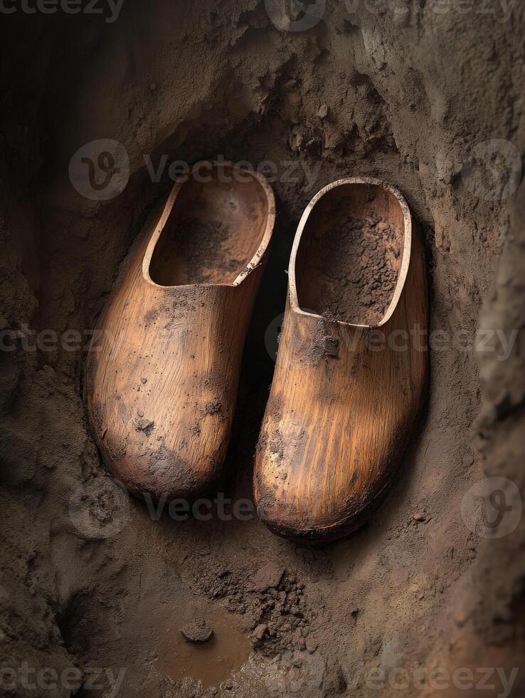 Vintage wooden clogs resting in earthy soil with texture photo