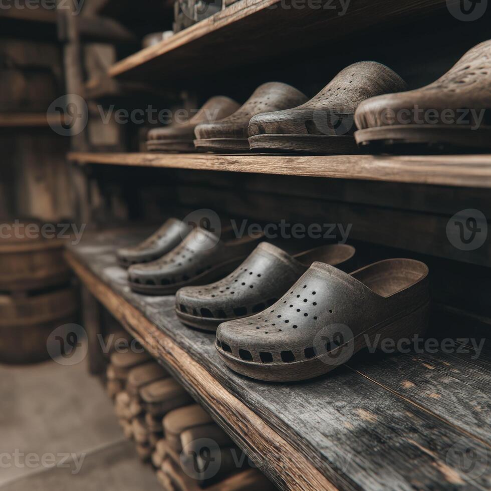 Clogs displayed on rustic wooden shelves in a cozy shop setting photo