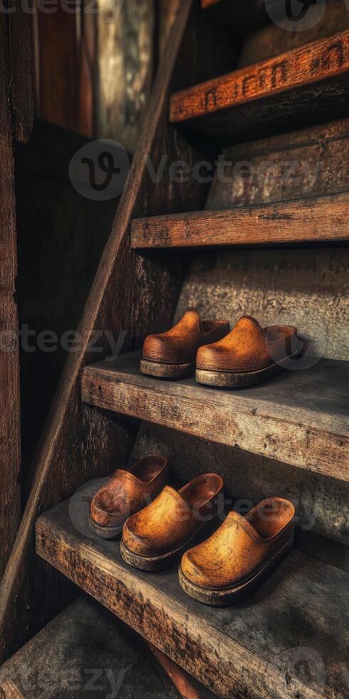 Clogs resting on weathered wooden stairs in a rustic setting photo