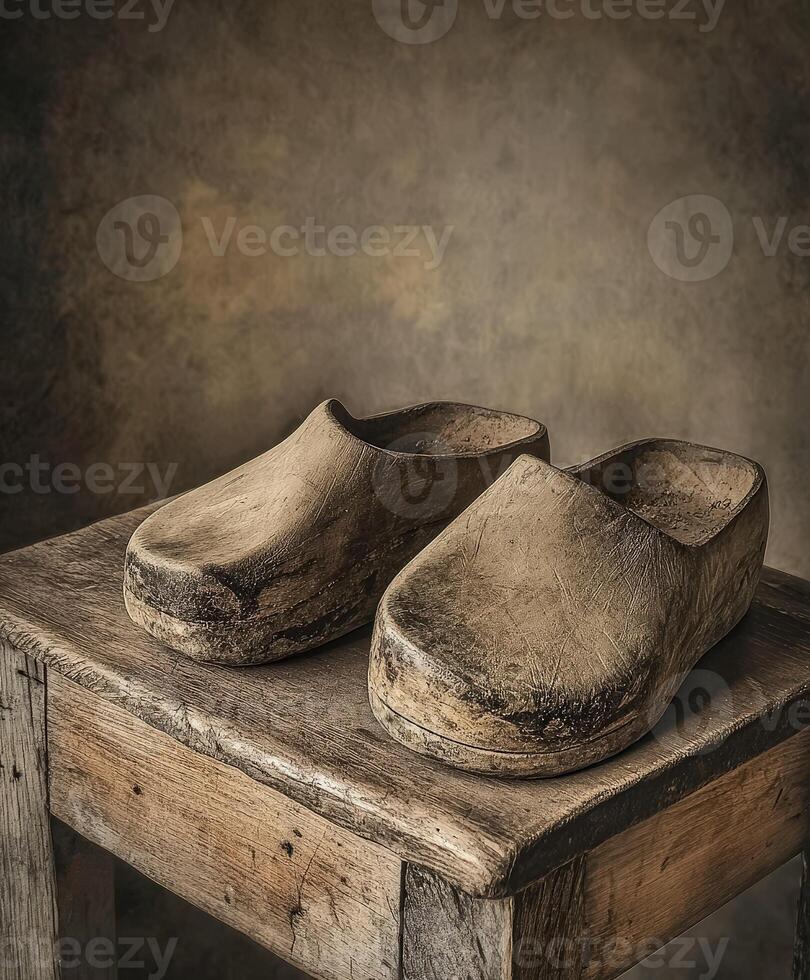 Clogs displayed on a rustic wooden stool in a dimly lit space photo