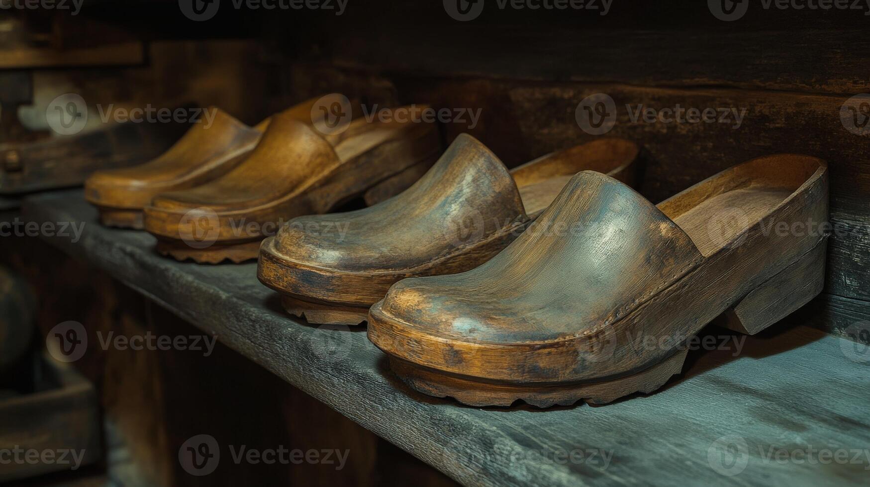 Wooden clogs displayed on a shelf in a rustic setting photo