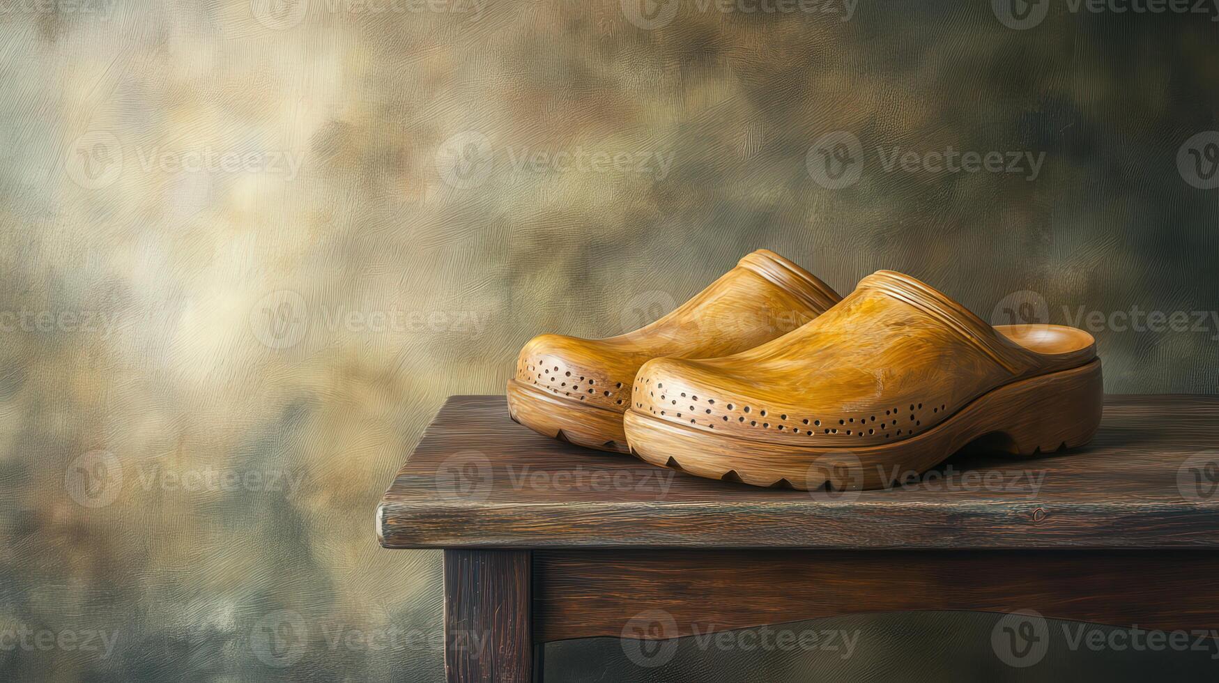 Wooden clogs resting on a rustic table with a soft background photo