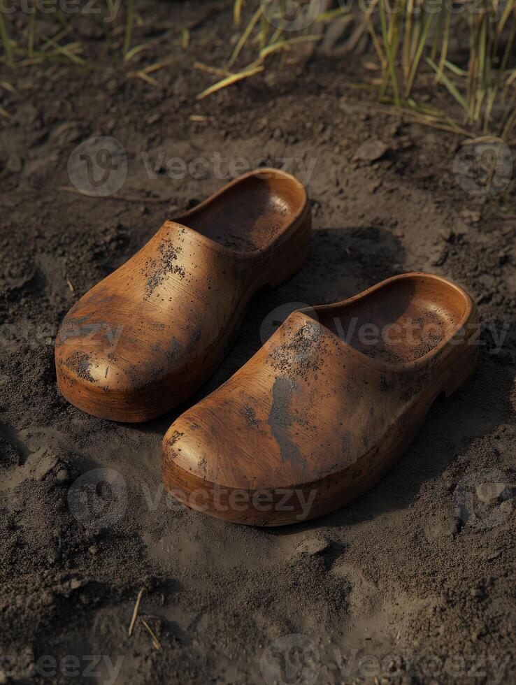 Clogs resting on the ground with a rustic appearance in nature photo