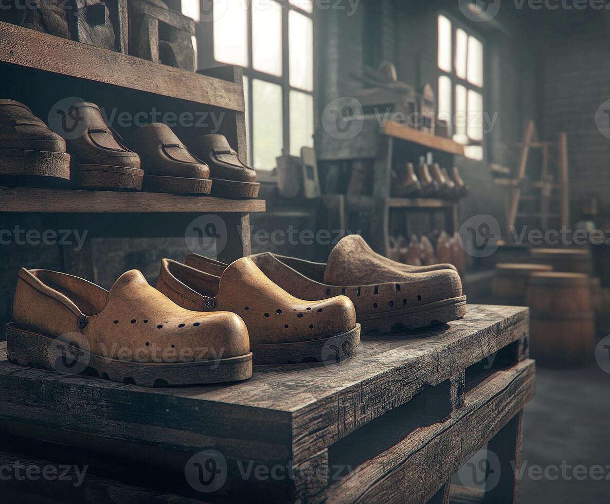 Traditional wooden clogs displayed in a rustic workshop setting photo