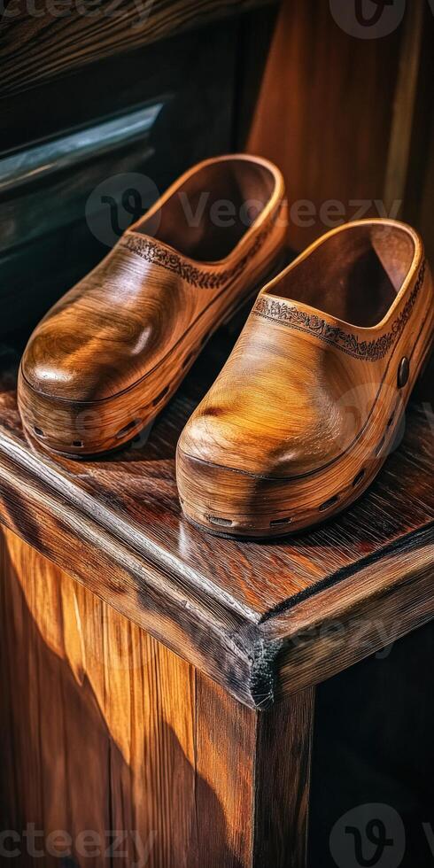 Handcrafted wooden clogs displayed on a rustic wooden surface photo