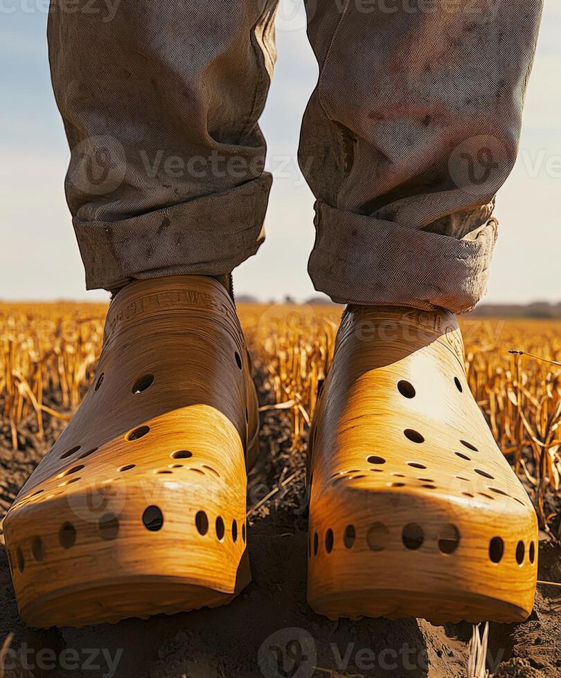Clogs worn by a person in a field during sunset photo