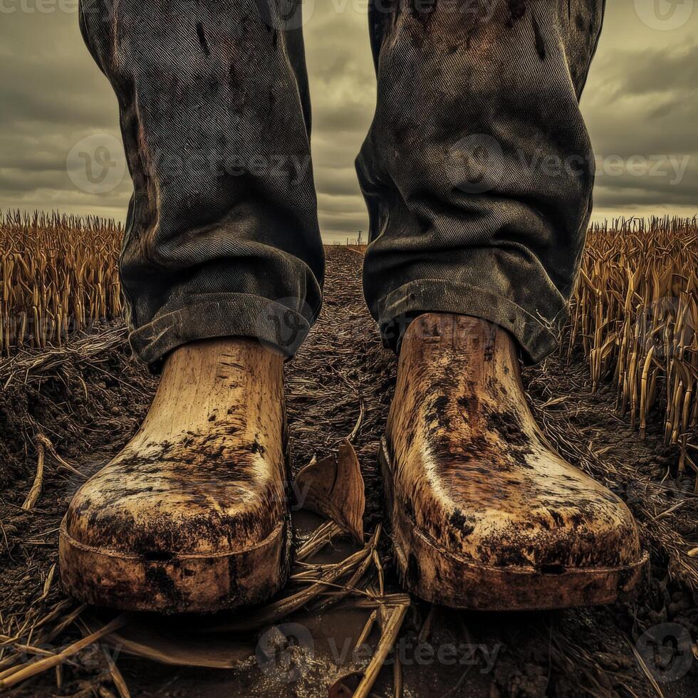 Footwear worn in muddy field during overcast day photo