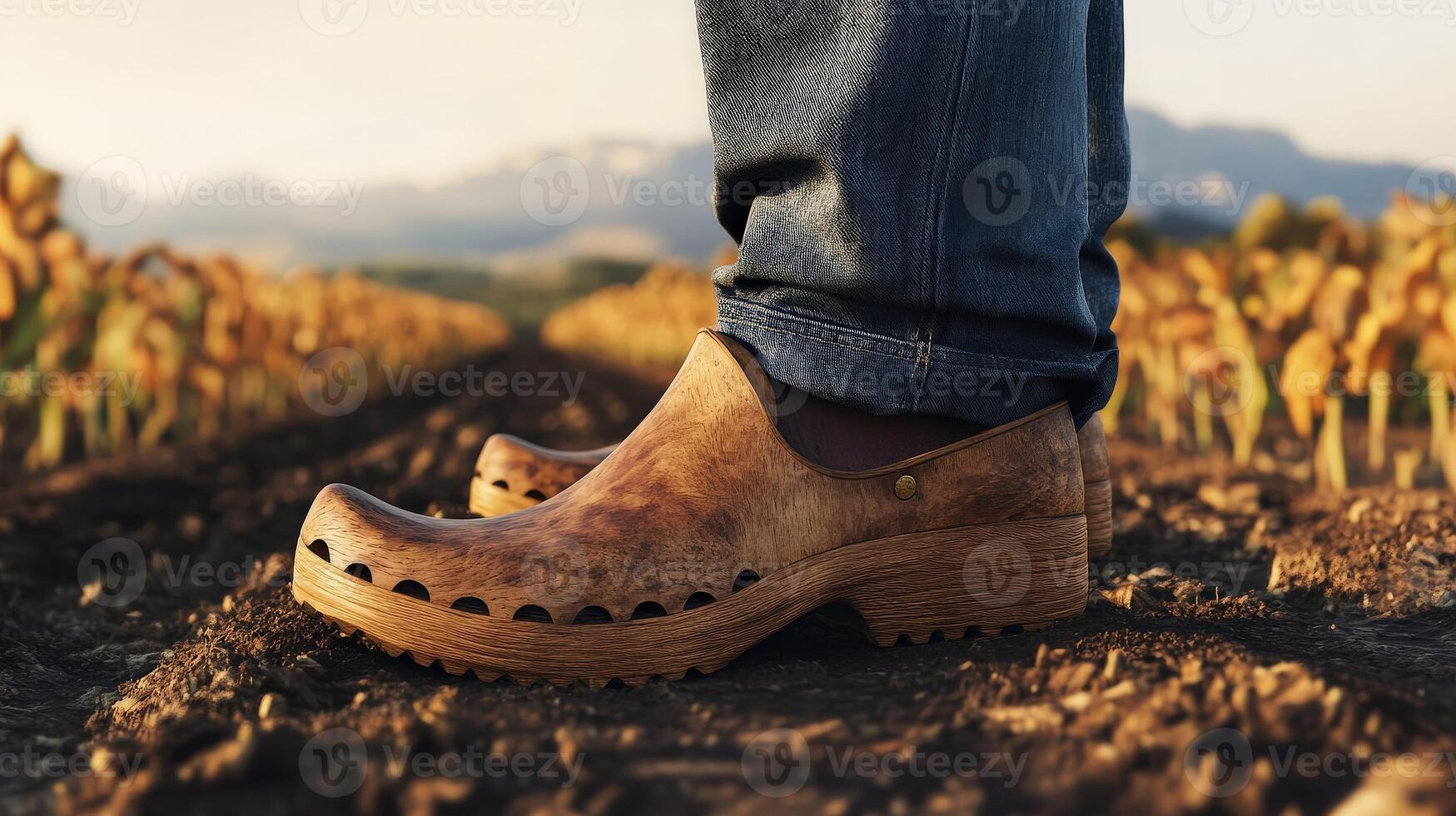 Clogs worn while standing in a field at sunset photo