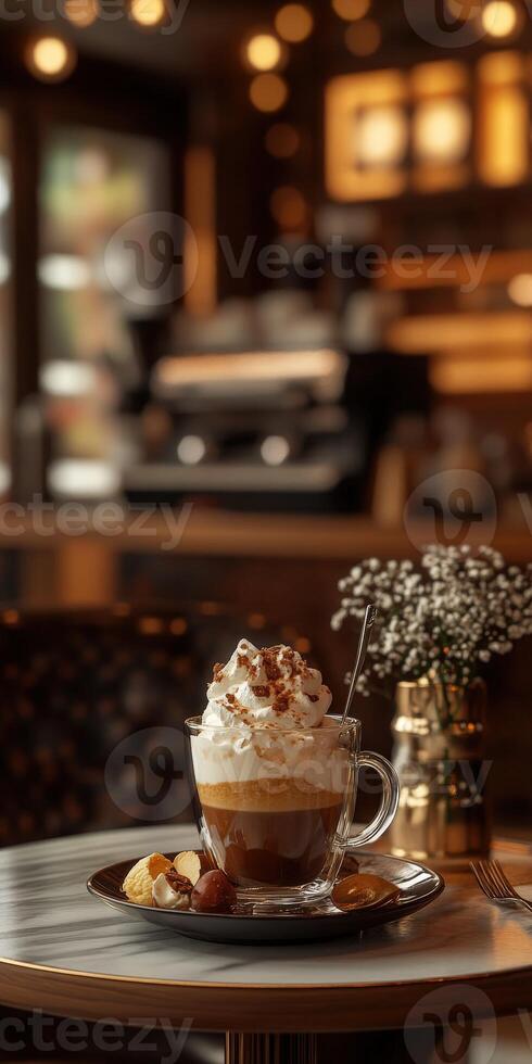 Indulgent affogato dessert topped with whipped cream and nuts photo