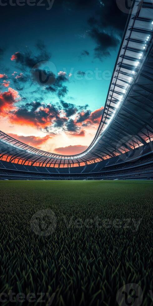 Stadium view at twilight with vibrant clouds and bright lights photo