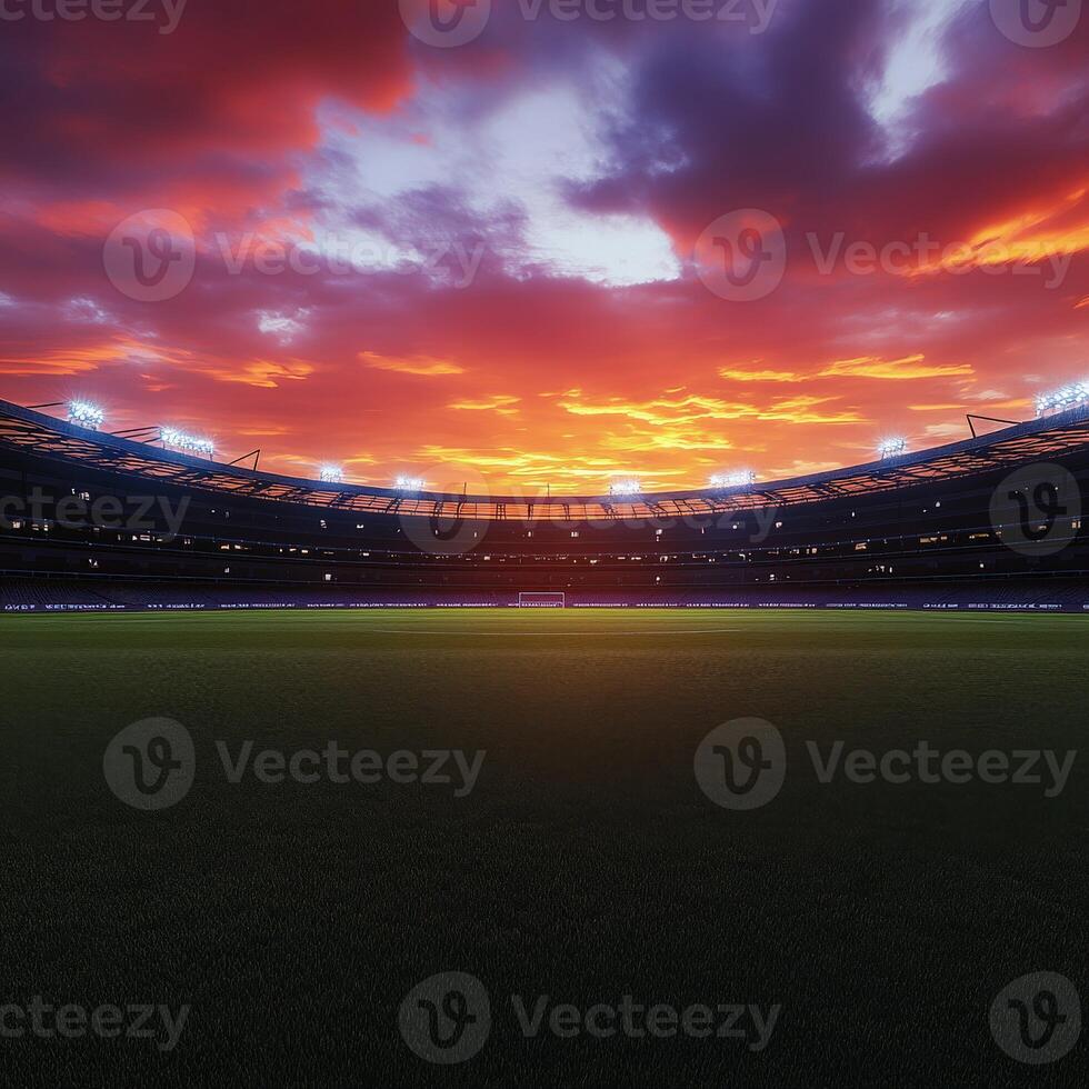 Stadium at sunset under dramatic clouds with stadium lights glowing photo