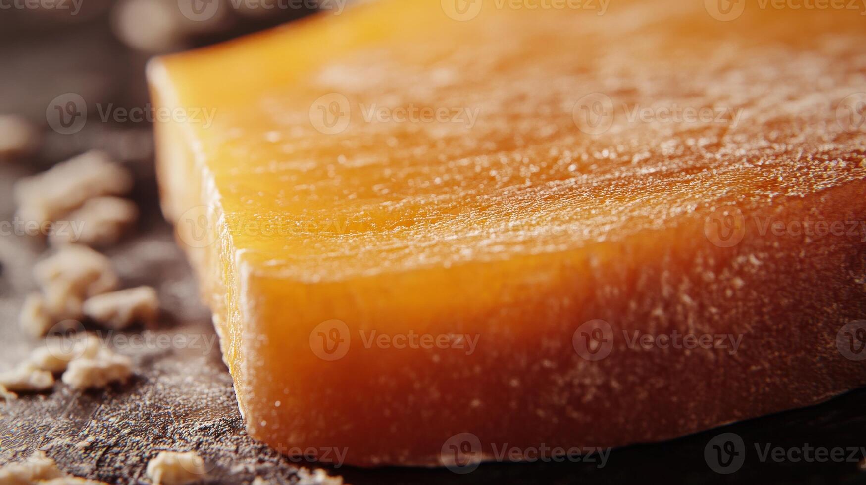 A piece of cheese on a table with some crumbs photo