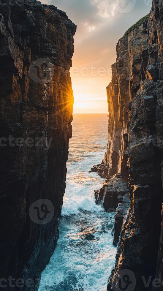 Sunlight filters through cliff gap photo