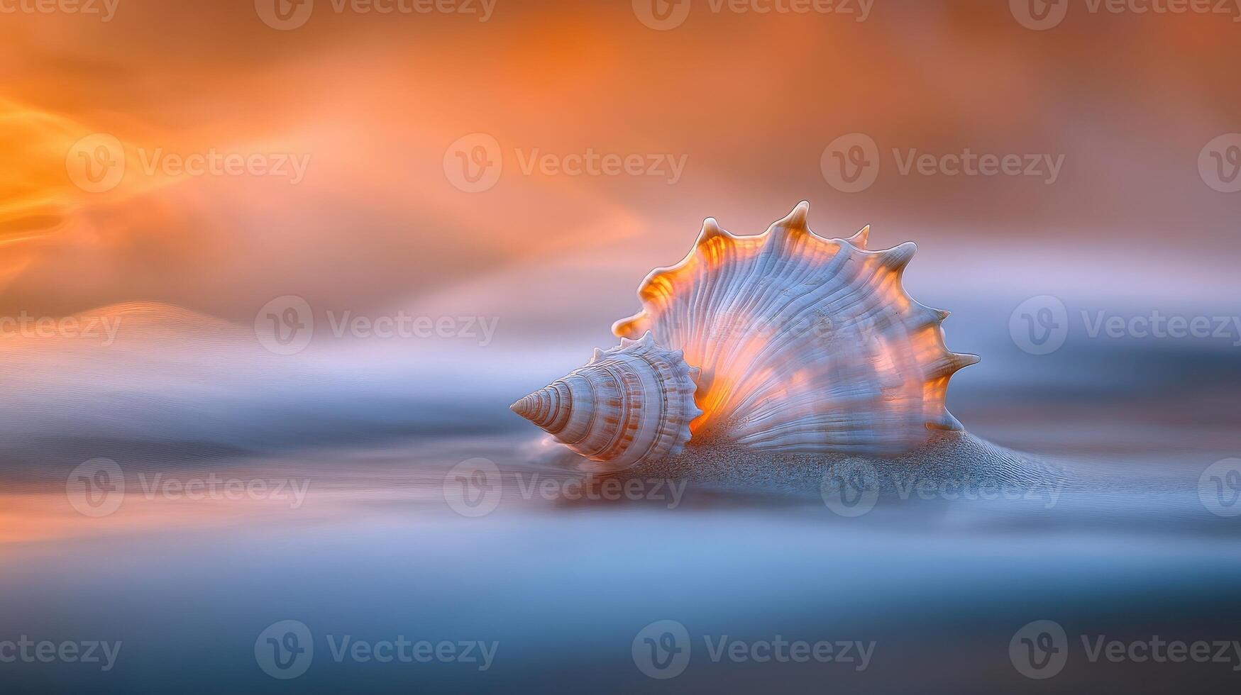 A shell is sitting in the water at sunset photo
