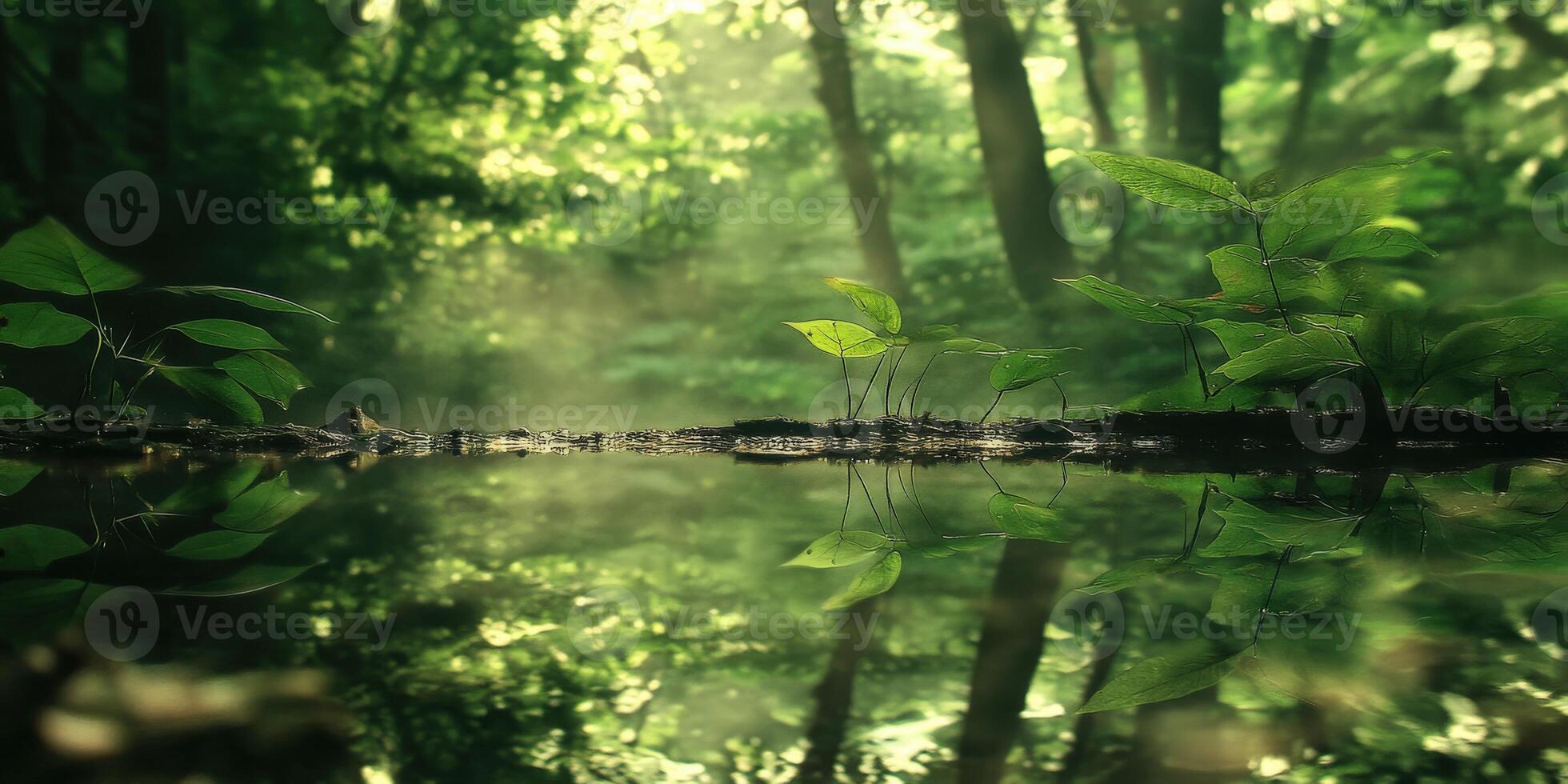 Calm reflection in a misty forest photo